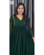Georgette A-Line Kurti (VB 5279) — Bottle Green with Back A-Line, Central Pleat & V-Neck - Image 5