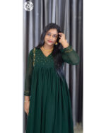 Georgette A-Line Kurti (VB 5279) — Bottle Green with Back A-Line, Central Pleat & V-Neck - Image 3