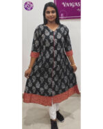 Kantha Cotton A Line Ajrakh Patch Kurti in Black | VB 5049 - Image 3