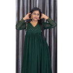Georgette A-Line Kurti (VB 5279) — Bottle Green with Back A-Line, Central Pleat & V-Neck