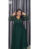 Georgette A-Line Kurti (VB 5279) — Bottle Green with Back A-Line, Central Pleat & V-Neck - Image 2