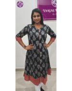 Kantha Cotton A Line Ajrakh Patch Kurti in Black | VB 5049 - Image 2