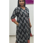 Kantha Cotton A Line Ajrakh Patch Kurti in Black | VB 5049