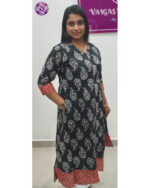 Kantha Cotton A Line Ajrakh Patch Kurti in Black | VB 5049